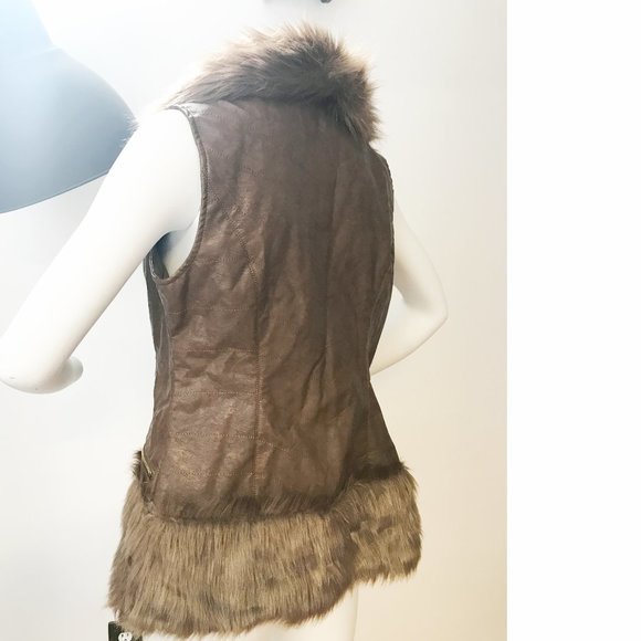 STA Coalition faux fur vegan leather brown vest sleeveless jacket gold zipper - Picture 5 of 5